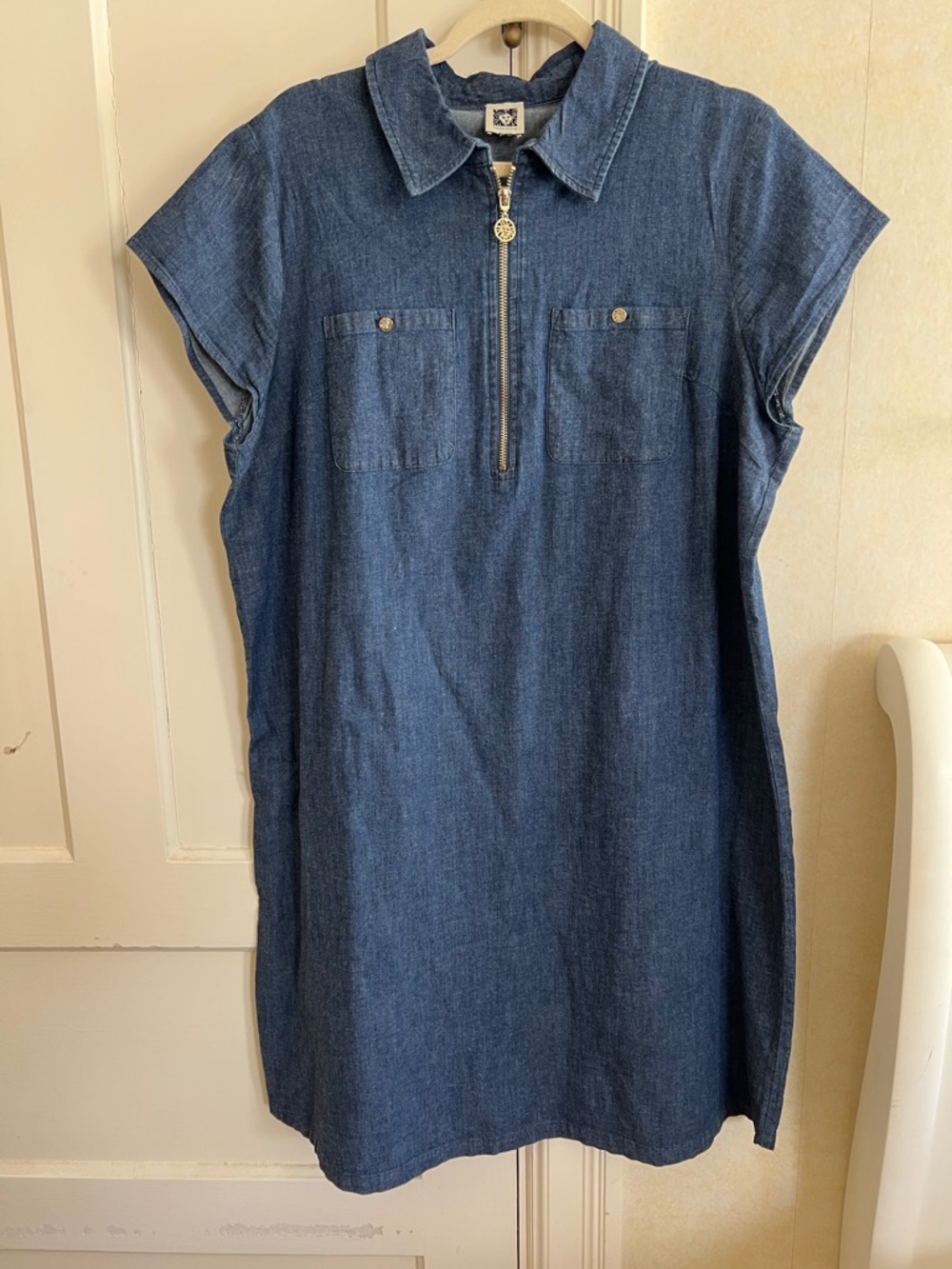 Anne Klein Indigo chambray Denim Midi Dress with Zip Front